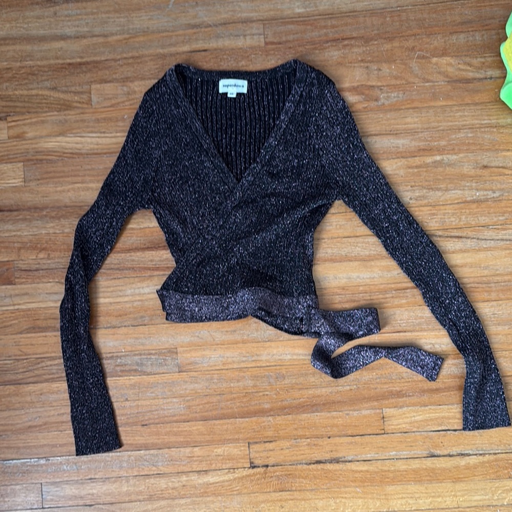 Superdown Sparkly Ribbed wraparound cropped Sweater